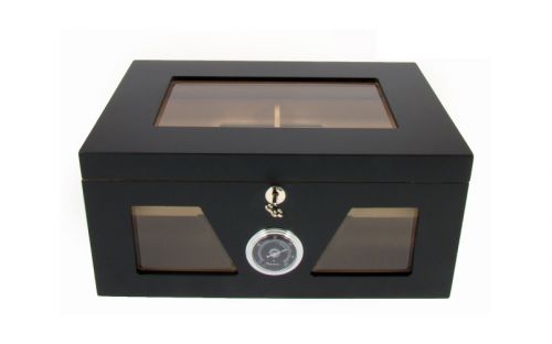 Gasztro humidor 80 szál szivar részére, üveges szivar doboz, cédrusfa, külső hygrométerrel és párásítóval - fekete, Angelo