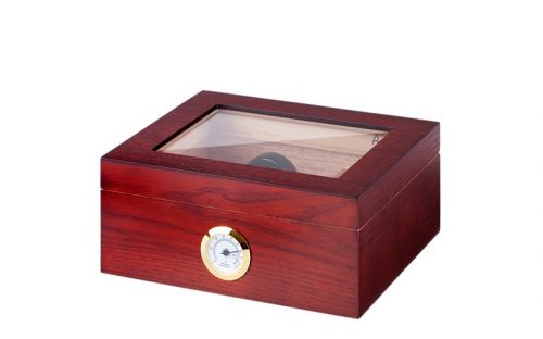 Humidor 50 szál szivar részére, cédrusfa szivar doboz, üvegtető, párásítóval, hygrométerrel - vöröses barna, Angelo