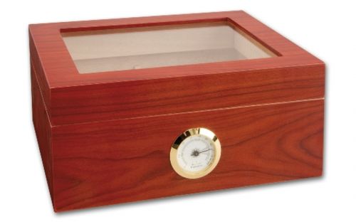 Matt barna szivar tartó doboz, cédrusfa, üvegtetővel, párásítóval, külső hygrométerrel
