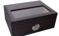 Humidor 40 szál szivar részére, üveg tetős spanyol cédrusfa szivar tartó, párásító és külső hygrométer - Ébenfa-hatású