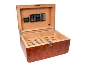 Humidor 80 szivar részére, cedrusfa, barna színű szivar doboz, párásítóval, hygrometerrel - gyökérmintás, Angelo