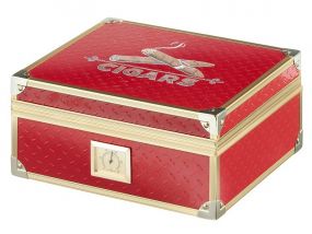 Humidor 40 szál szivar részére, piros, spanyol cédrusfa szivar doboz, fém keretes, párásítóval, hygrométerrel - Angelo