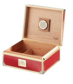 Humidor 40 szál szivar részére, piros, spanyol cédrusfa szivar doboz, fém keretes, párásítóval, hygrométerrel - Angelo