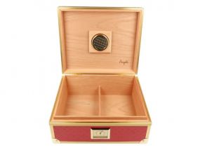 Humidor 40 szál szivar részére, piros, spanyol cédrusfa szivar doboz, fém keretes, párásítóval, hygrométerrel - Angelo