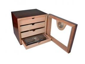 Humidor szekrény 80 szál szivarnak, spanyol cédrusfa, fiókos, külső higrométer, üveg ajtós - barna, Angelo