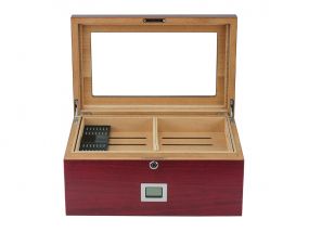 Gasztrohumidor 80-100 szál szivar részére, spanyol cédrusfa szivar tároló doboz üvegtetővel, hygrométerrel, párásítóval - Cherry, Achenty!