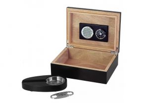 Humidor 30 szál szivar részére,fekete színű cédrusfa szivar tároló doboz, párásító, hygrométer + AJÁNDÉK szett!