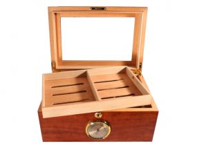 Gasztrohumidor 80 szál szivar részére, barna, cédrusfa szivar doboz, üveges, hygrométerrel és párásítóval - Achenty!