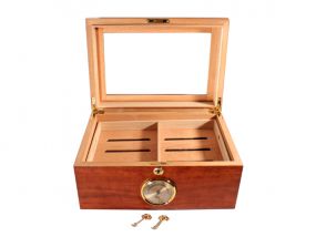 Gasztrohumidor 80 szál szivar részére, barna, cédrusfa szivar doboz, üveges, hygrométerrel és párásítóval - Achenty!
