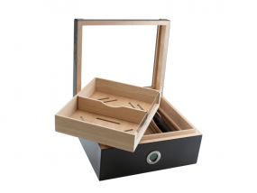 Gasztro humidor 80 szál szivar részére, spanyol cédrus szivartartó doboz, akril tetővel, párásító és digitális higrométer - carbon, Achenty! 