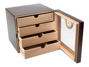 Humidor szekrény 80 szivar részére, üveg ajtóval, 4 fókos, higrométer, párásító - TIKK, Achenty!