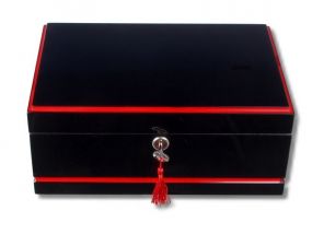 Humidor 50 szál szivar részére, lakkozott fekete cédrusfa szivar doboz, piros díszítő csíkkal, párásítóval, hygrométerrel, Passatore - Gyönyörű ajándék!