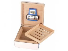 Humidor 40 szál szivar részére, cédrusfa szivar tároló doboz, párásítóval, külső hygrométerrel, kék, ovál - Passatore