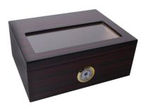 Humidor 40 szál szivar részére, üveg tetős spanyol cédrusfa szivar tartó, párásító és külső hygrométer - Ébenfa-hatású