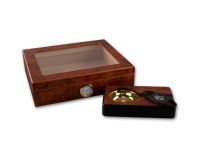 Humidor 40 szál szivar részére, üvegtetős cédrusfa szivar tároló doboz, párásítóval, hygrométerrel, gyökérmintás + AJÁNDÉK szett - Achenty!